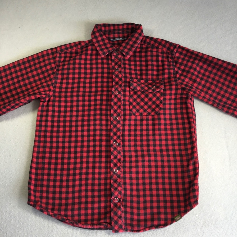 LL Bean Boys Red Black Buffalo Plaid Flannel Snap Shirt M 10-12 509321